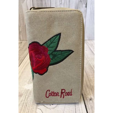 Cotton Road Beige Embroided Rose Double Zip Wallet