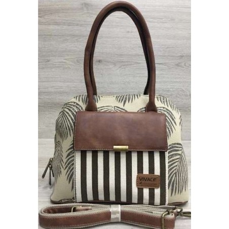 Vivace Beige Leaves and Stripes Front Pocket Handbag