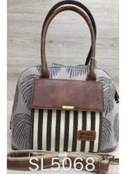 Vivace Grey/Brown Leaves and Stripes Front Pocket Handbag