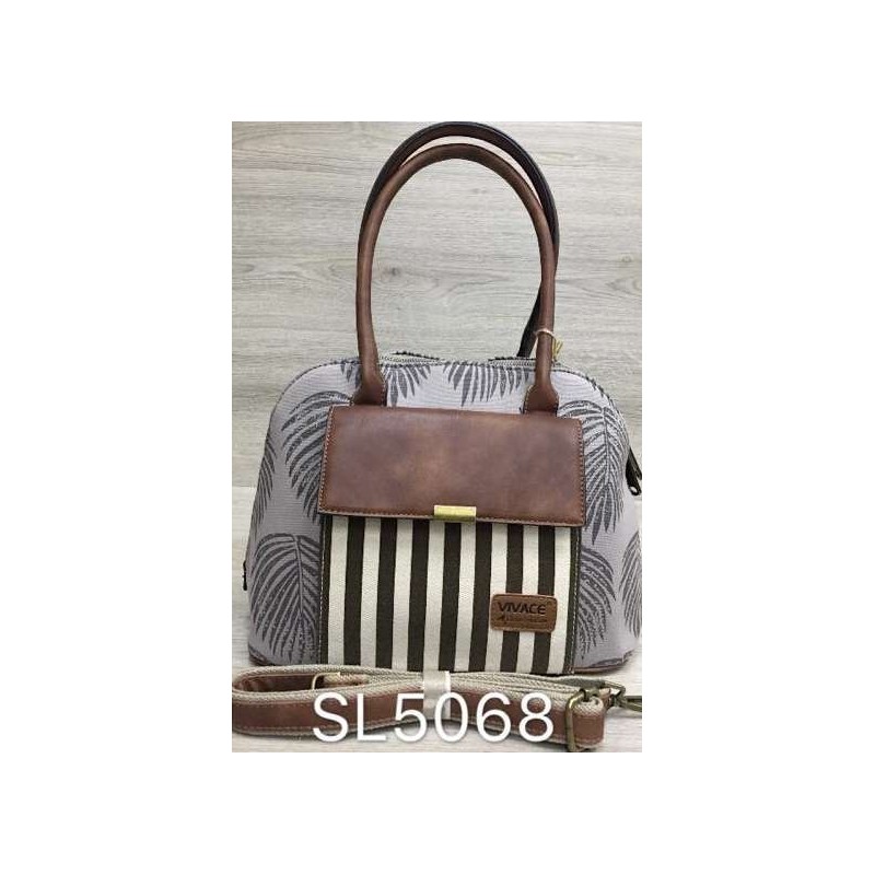 Vivace Grey/Brown Leaves and Stripes Front Pocket Handbag