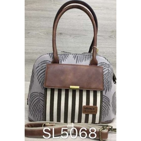 Vivace Grey/Brown Leaves and Stripes Front Pocket Handbag