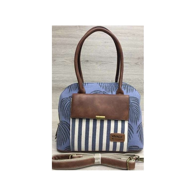 Vivace Blue Leaves and Stripes Front Pocket Handbag