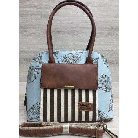 Vivace Light Blue Leaves and Stripes Front Pocket Handbag