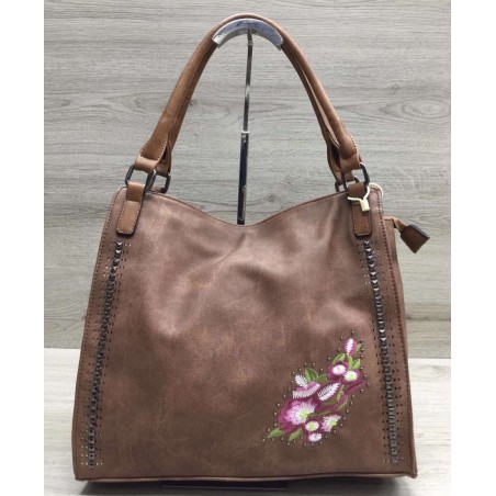 Vivace Brown Floral Embroidery Tote Handbag