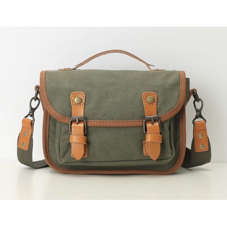 Canvas and Genuine Leather Satchel Slingbag - Green