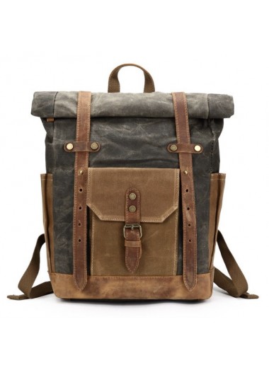 Canvas and Genuine Leather Front Buckle Rugged Backpack/Laptop Bag - Grey