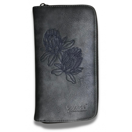 Vivace Embroided Protea PU Leather Wallet - Grey