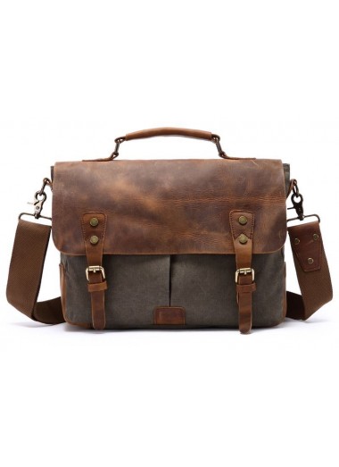 Canvas and Genuine Leather Laptop Bag - Dark Brown