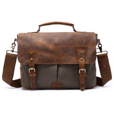 Canvas and Genuine Leather Laptop Bag - Dark Brown