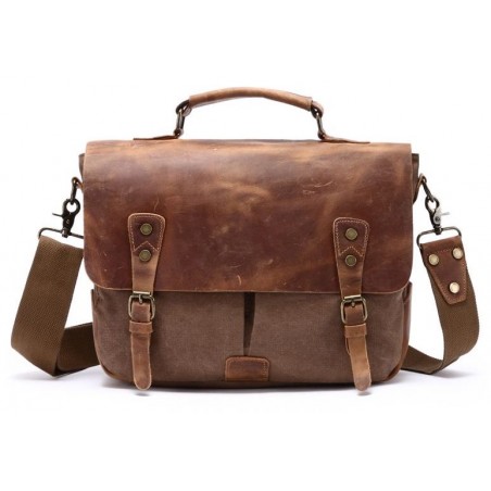 Canvas and Genuine Leather Laptop Bag - Brown