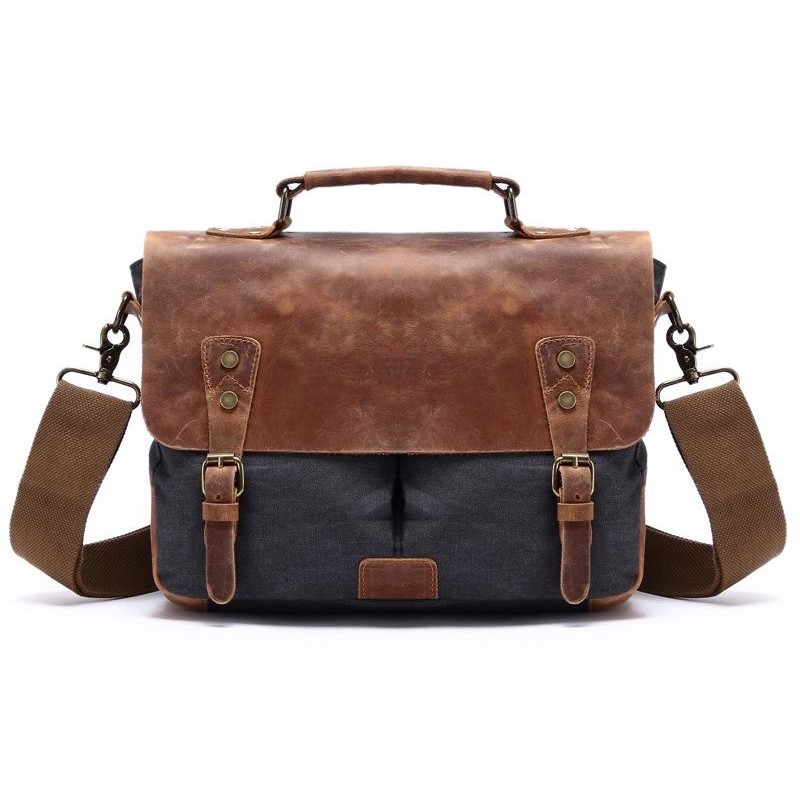 Canvas and Genuine Leather Laptop Bag - Dark Grey