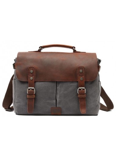 Canvas and Genuine Leather Laptop Bag - Grey