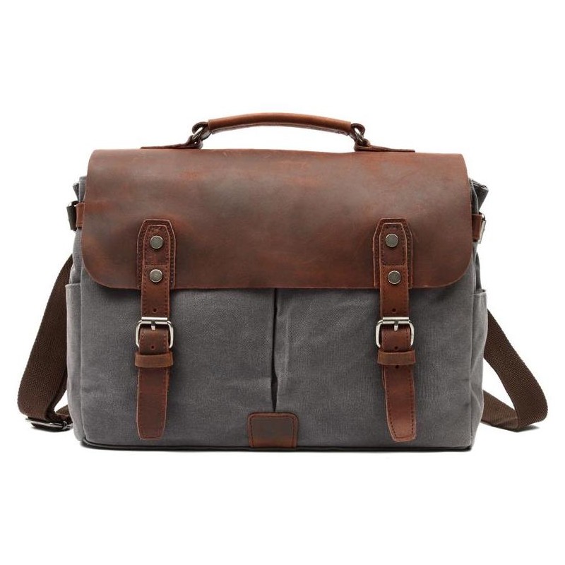 Canvas and Genuine Leather Laptop Bag - Grey