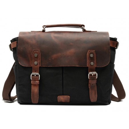 Canvas and Genuine Leather Laptop Bag - Black