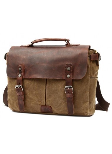 Canvas and Genuine Leather Laptop Bag - Brown