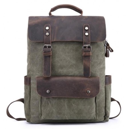 Genuine Leather and Canvas Backpack/Laptop Bag - Green/Grey