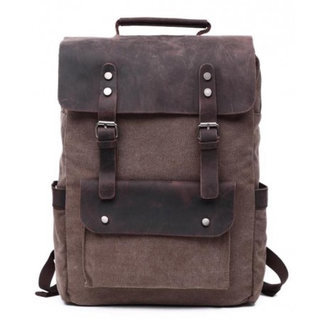 Genuine Leather and Canvas Backpack/Laptop Bag - Dark Brown