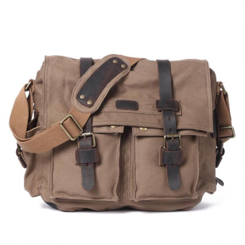 Canvas and Genuine Leather Laptop/Utility Bag - Brown