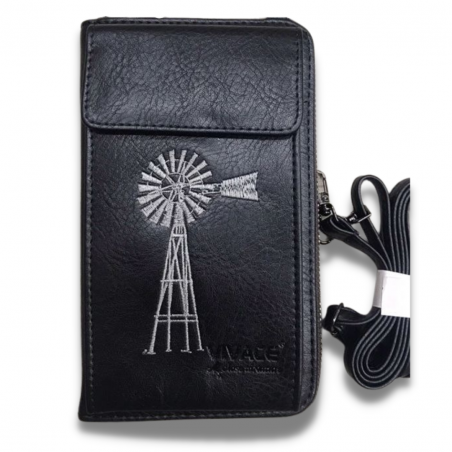 Vivace Genuine Leather Windpomp Cellphone Wallet with Strap - Black