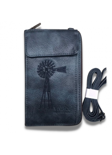 Vivace Genuine Leather Windpomp Cellphone Wallet with Strap - Steel Blue