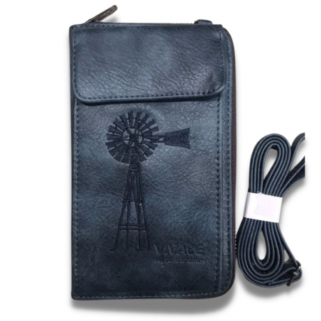 Vivace Genuine Leather Windpomp Cellphone Wallet with Strap - Steel Blue