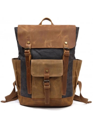 Waxed Canvas and Genuine Leather Backpack - Charcoal