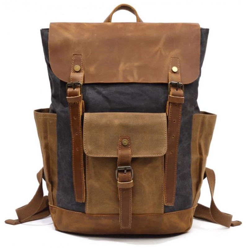 Waxed Canvas and Genuine Leather Backpack - Charcoal