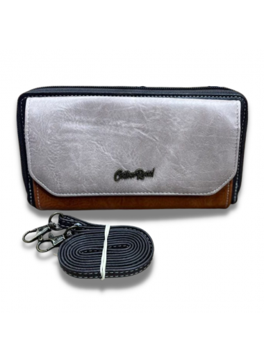 Cotton Road PU Leather Two-Tone Cellphone Wallet with Strap - Light Grey with Brown