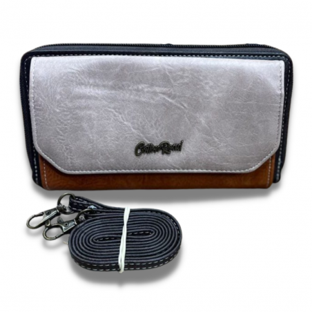 Cotton Road PU Leather Two-Tone Cellphone Wallet with Strap - Light Grey with Brown