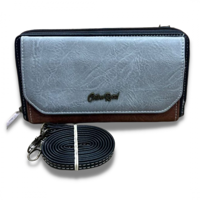 Cotton Road PU Leather Two-Tone Cellphone Wallet with Strap - Grey and Coffee Brown
