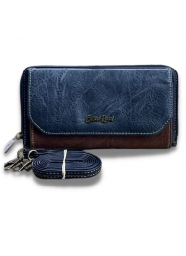 Cotton Road PU Leather Two-Tone Cellphone Wallet with Strap - Blue and Brown