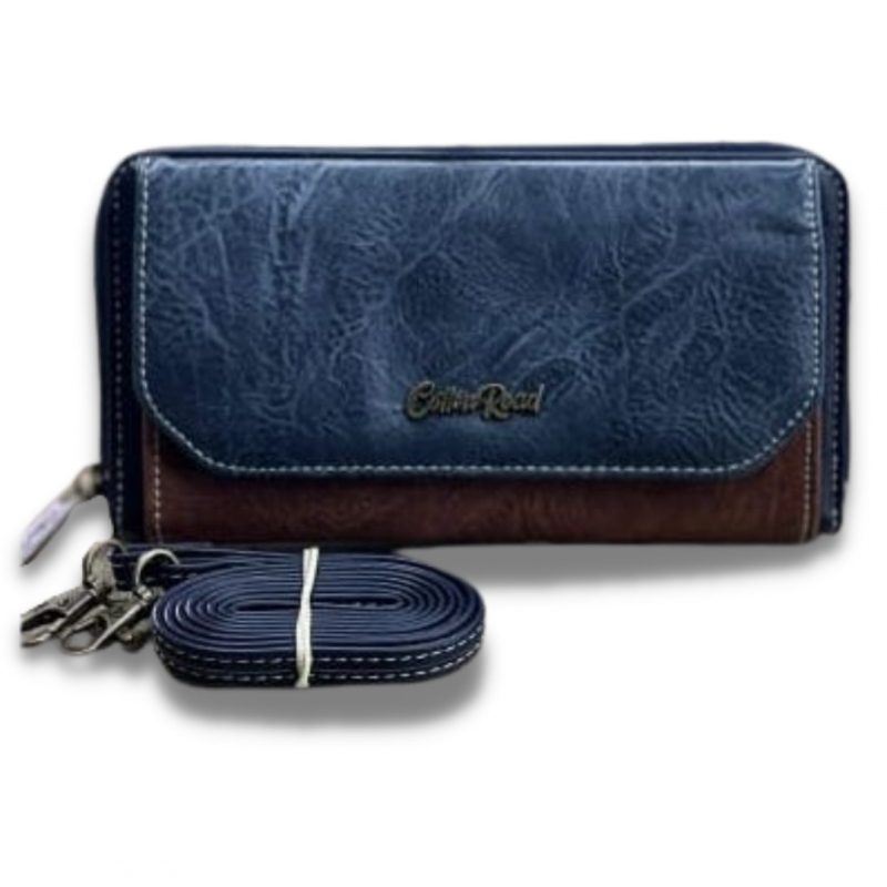 Cotton Road PU Leather Two-Tone Cellphone Wallet with Strap - Blue and Brown