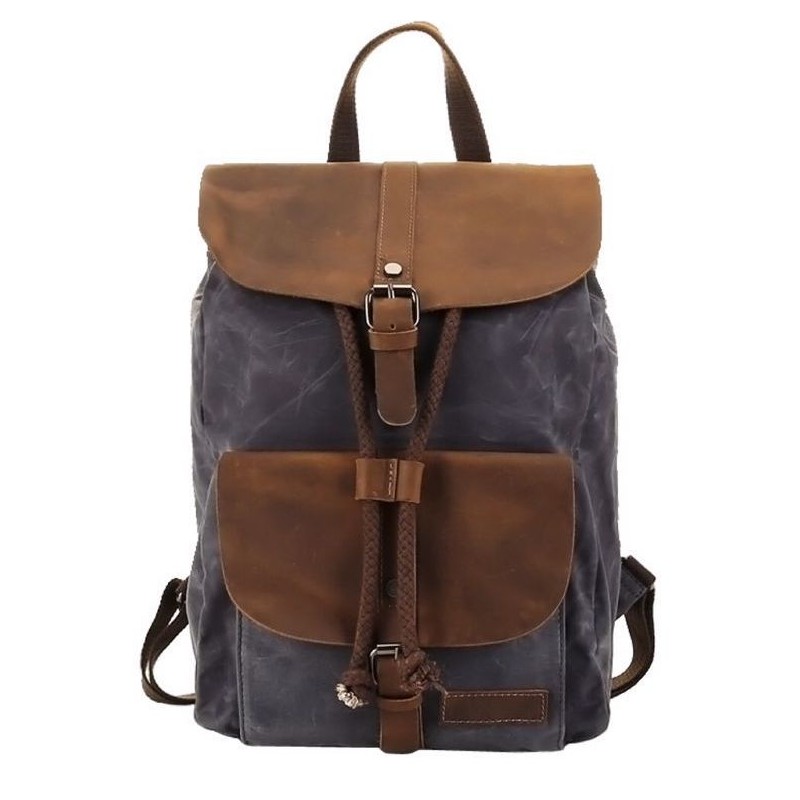 Waxed Canvas and Genuine Leather Backpack - Blue/Grey