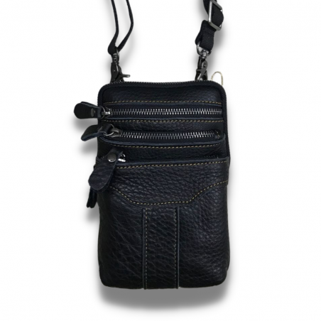 100% Genuine Leather Triple Zip Slingbag/Cellphone Pouch - Black