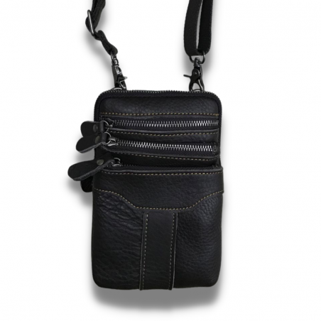 100% Genuine Leather Triple Zip Slingbag/Cellphone Pouch - Dark Coffee